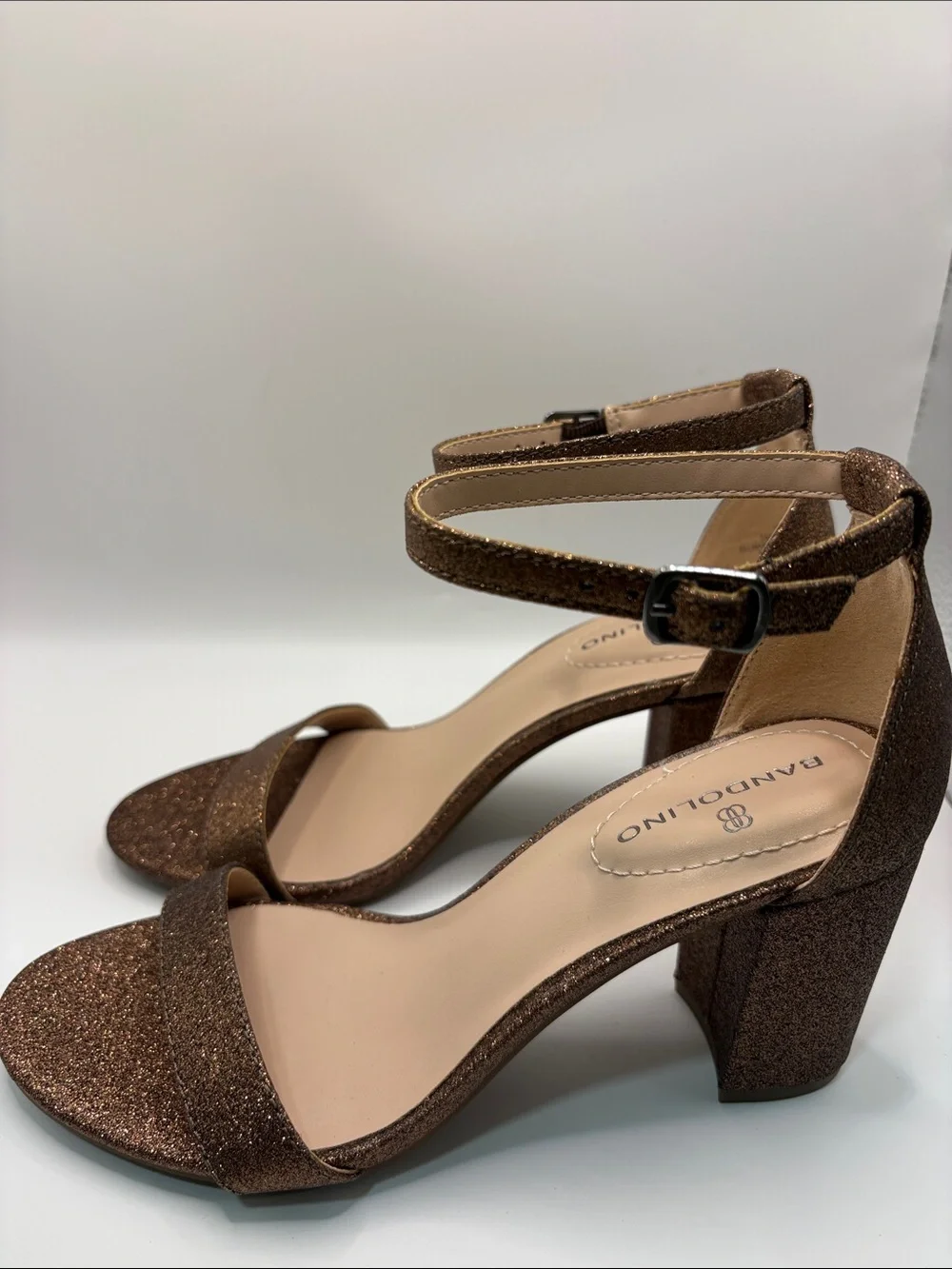 Bandolino Armory 3 Bronze Glitter Ankle-Strap Block Heels